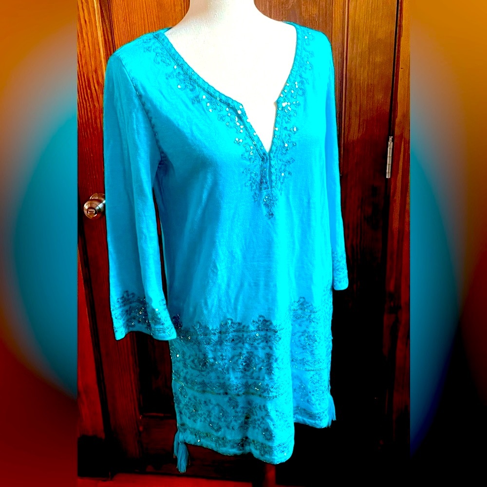 CALYPSO Turquoise Blue LINEN BOHO Beach Cover Up Embroidered Sequin Tunic Top S